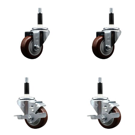 Service Caster 3'' Maroon Poly Wheel Swivel 7/8'' Expanding Stem Caster Set 2 Brakes, 4PK SCC-EX20S314-PPUB-MRN-2-TLB-2-78